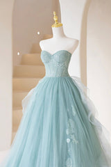Cute Tulle Strapless Long Prom Dress, A-Line Lace Formal Evening Dress