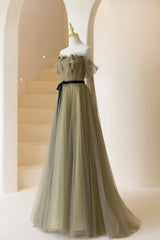 A-Line Tulle Long Prom Dress, Off the Shoulder Formal Evening Dress