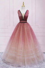 Cute Ombre Tulle V-Neck Long Party Dress, A-line Prom Dress