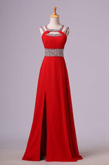 2024 Gorgeous Red Beading Open Back Chiffon Prom Dresses