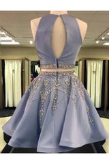 A Line 2 Pieces Beaded Satin Short Homecoming Dresses, Scoop