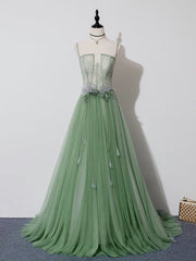Green Tulle Lace Long Prom Dress, Green Tulle Evening Dress, 3
