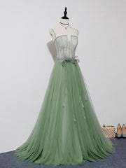 Green Tulle Lace Long Prom Dress, Green Tulle Evening Dress, 3