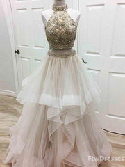 a line prom dress high neck tulle long prom dresses evening dress