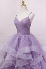 Princess Lavender Sparkly Spaghetti Straps Long Prom Dress Floor Length Evening Gown