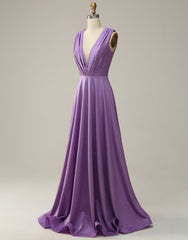 Purple A-Line V-Neck Long Glitter Prom Dress With Pleating
