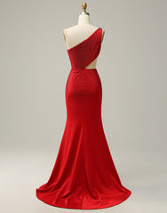 Red Mermaid One Shoulder Long Glitter Prom Dress With Split