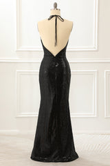 Black Halter Sequin Prom Dress with Slit