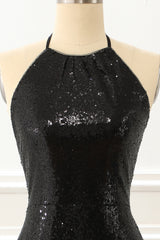 Black Halter Sequin Prom Dress with Slit