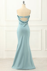 Blue Strapless Sheath Satin Prom Dress