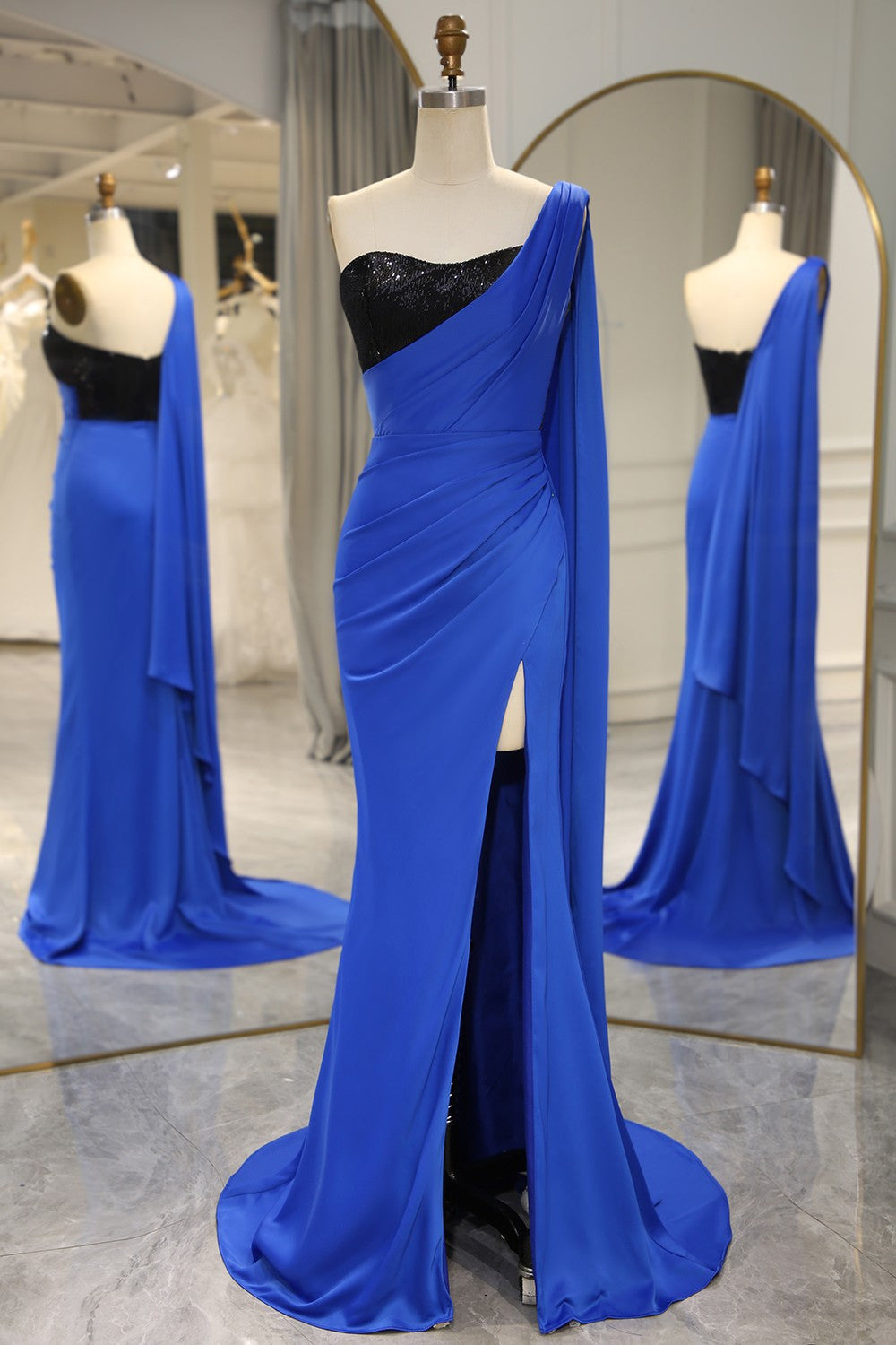Royal Blue Mermaid One Shoulder Long Prom Dress With Shawl And Slit