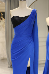 Royal Blue Mermaid One Shoulder Long Prom Dress With Shawl And Slit