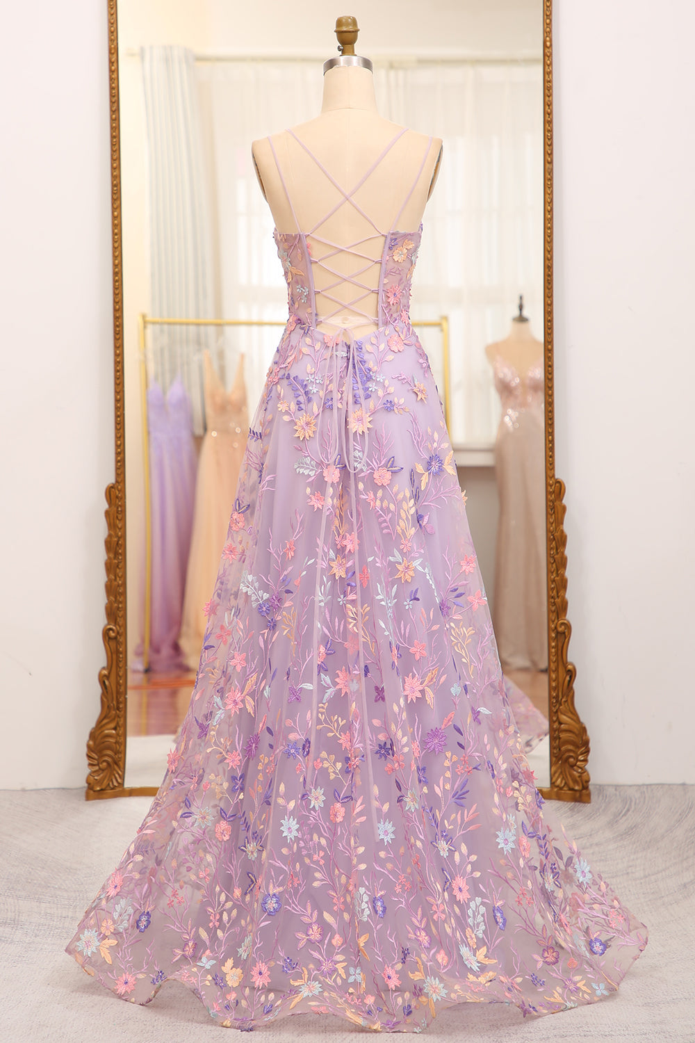 Mauve A-Line Tulle Lace Up Long Prom Dress With Appliques And Split