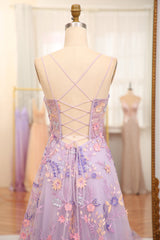Mauve A-Line Tulle Lace Up Long Prom Dress With Appliques And Split