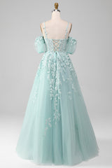 Mint A Line Tulle Off the Shoulder Lace Up Long Prom Dress With Appliques