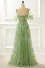 A-Line Embroidery Green Prom Dress with Slit