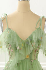 A-Line Embroidery Green Prom Dress with Slit