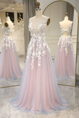 Romantic A-Line V-Neck Keyhole Back Long Tulle Prom Dress with Appliques