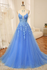Blue A-Line Spaghetti Straps Tulle Long Prom Dress With Appliques