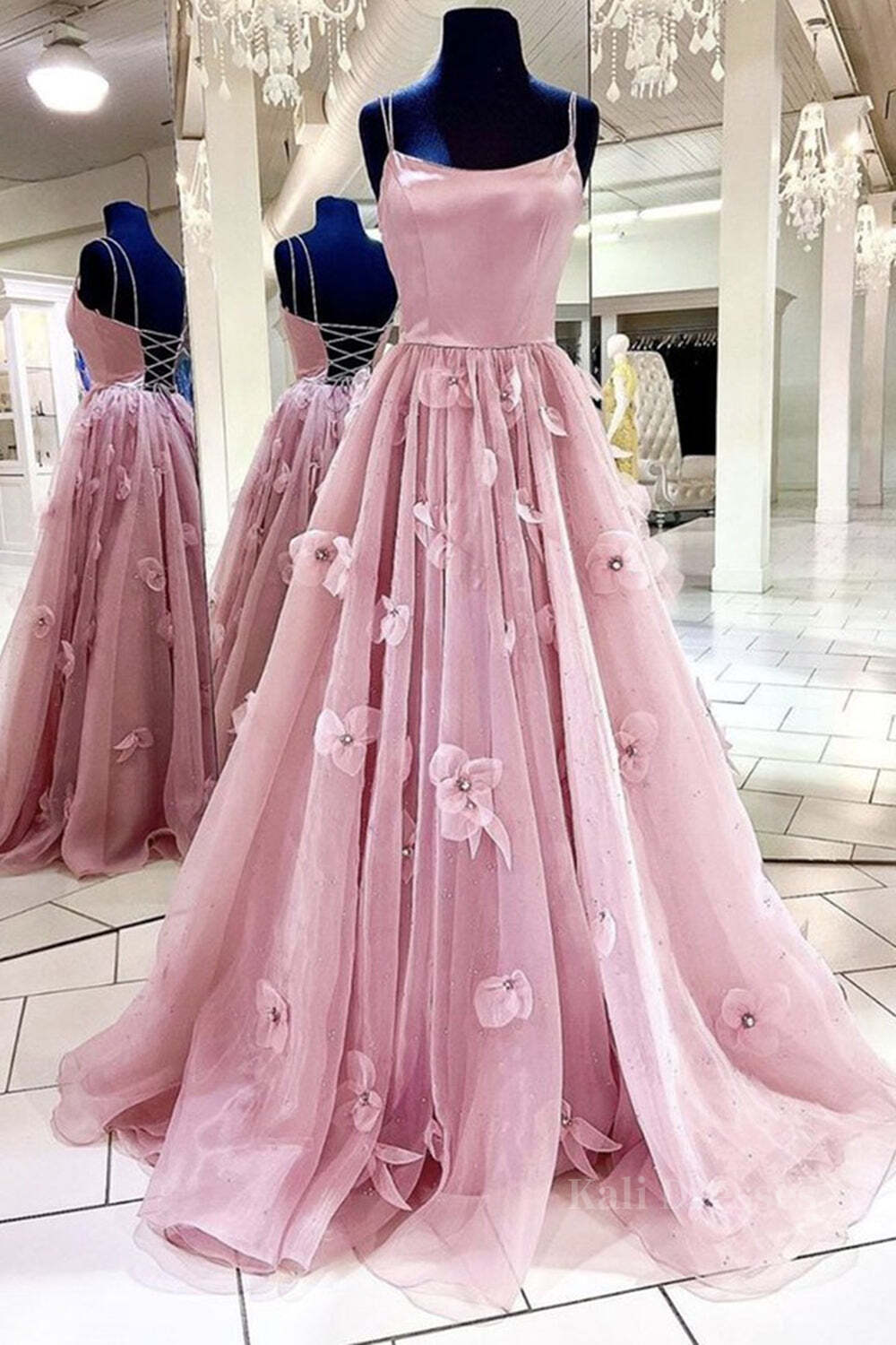 A Line Backless Pink Floral Long Prom Dress, Pink Floral Formal Graduation Evening Dress