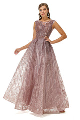 A-Line Beaded Jewel Appliques Lace Floor-Length Cap Sleeve Prom Dresses