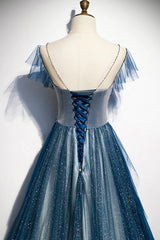 A-line Blue Tulle Long Beaded Prom Dress, A-Line Formal Evening Dress