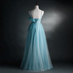 A-line Blue Tulle Straps Long Formal Dress, Blue Long Evening Dress Prom Dress