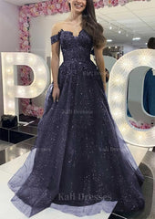 A Line Off The Shoulder Regular Straps Long Floor Length Tulle Prom Dress With Appliqued Glitter