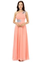 A-line One-shoulder Chiffon Beaded Crystals Coral Bridesmaid Dresses