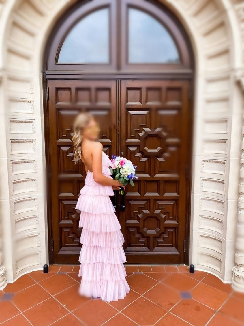 a-line pink long prom dress , unique prom dress