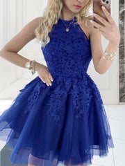 A-Line/Princess Halter Short/Mini Tulle Homecoming Dresses With Appliques Lace