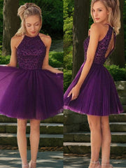 A-Line/Princess Halter Short/Mini Tulle Homecoming Dresses With Beading