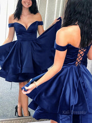 A-Line/Princess Off-the-Shoulder Short/Mini Satin Homecoming Dresses With Cascading Ruffles