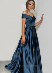 A Line Princess Off The Shoulder Sleeveless Sweep Train Satin Prom Dress With Pleated