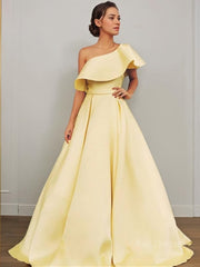 A-Line/Princess One-Shoulder Floor-Length Satin Prom Dresses With Ruffles