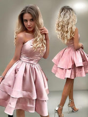 A-Line/Princess One-Shoulder Short/Mini Charmeuse Homecoming Dresses With Ruffles