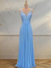 A-Line/Princess Spaghetti Straps Floor-Length Chiffon Prom Dresses With Appliques Lace