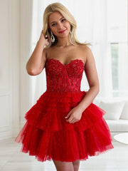 A-line/Princess Strapless Short/Mini Tulle Homecoming Dress with Cascading Ruffles