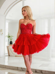 A-line/Princess Strapless Short/Mini Tulle Homecoming Dress with Cascading Ruffles