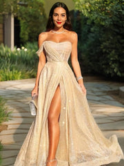 A-Line/Princess Strapless Sweep Train Sequins Prom Dresses With Leg Slit