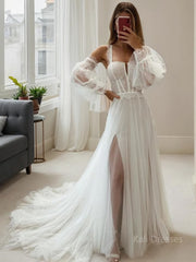 A-Line/Princess Straps Court Train Tulle Wedding Dresses With Leg Slit