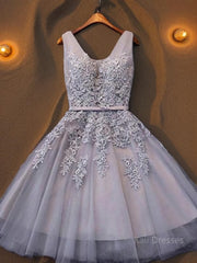 A-Line/Princess Straps Short/Mini Tulle Homecoming Dresses With Appliques Lace