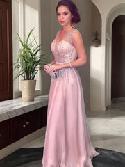 A-Line/Princess V-neck Floor-Length Chiffon Prom Dresses With Beading
