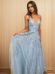 A-Line/Princess V-neck Floor-Length Tulle Prom Dresses