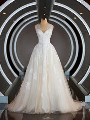 A-Line/Princess V-neck Sweep Train Tulle Wedding Dresses with Appliques Lace
