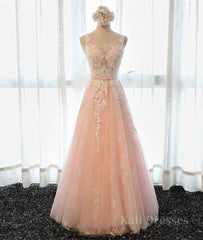 A Line Round Neck Sleeveless Lace Prom Dresses, Lace Formal Dresses