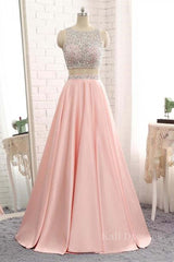 A Line Round Neck Two Pieces Beaded Pink Prom Dresses, Two Pieces Pink Formal Dresses, Pink Evening Dresses