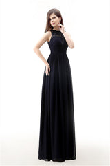 A Line Sleeveless Lace Chiffon Long Black Prom Dresses