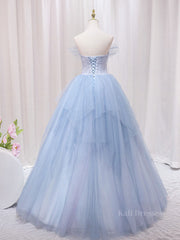 A-Line Sweetheart Neck Tulle Lace Blue Long Prom Dress, Blue Formal Evening Dress