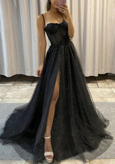 A Line Sweetheart Spaghetti Straps Sweep Train Tulle Glitter Prom Dress With Appliqued